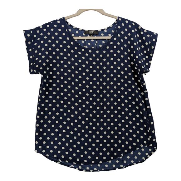 Ashley Blue Dot Print‎ Blouse M Navy White Office Hi Low Hem Short Sleeves Crew - Picture 1 of 8